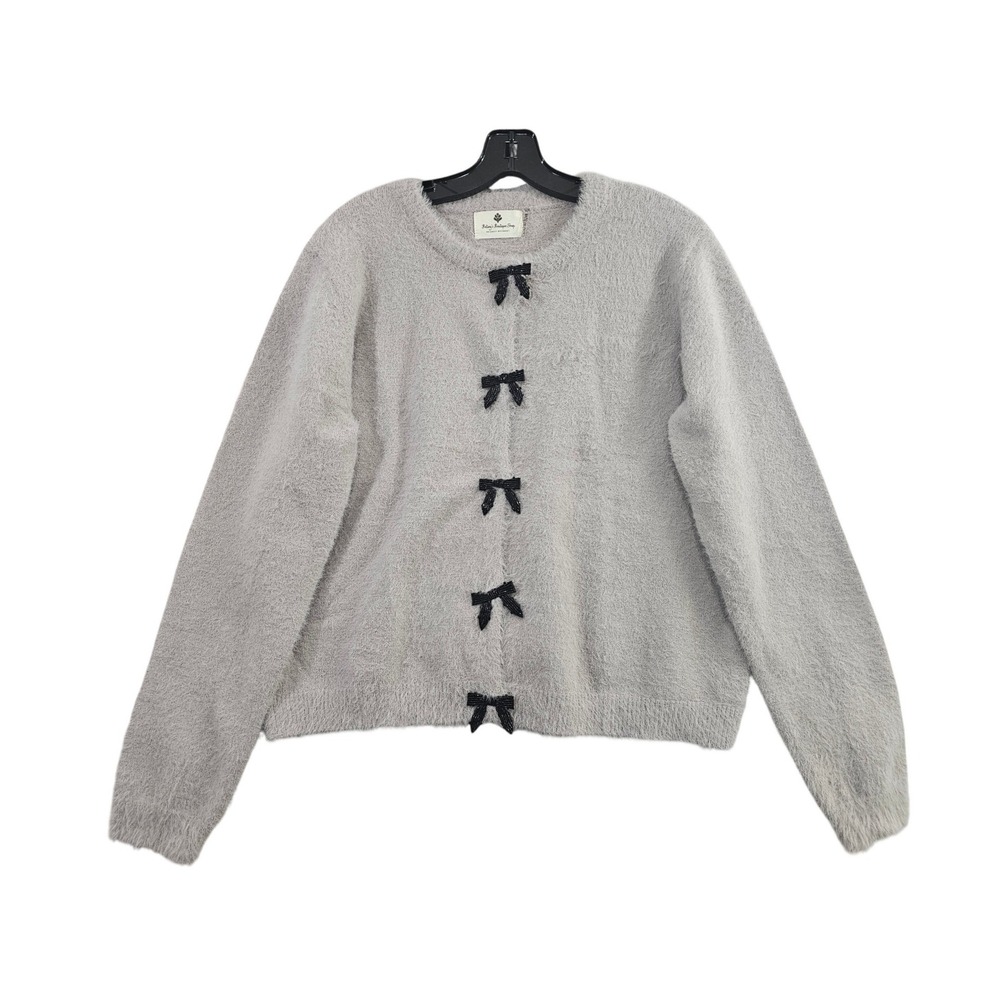 Betsey's Boutique Shop Cardigan Wmns XL Gray Solid Beaded Bow Fuzzy Eyelash Knit